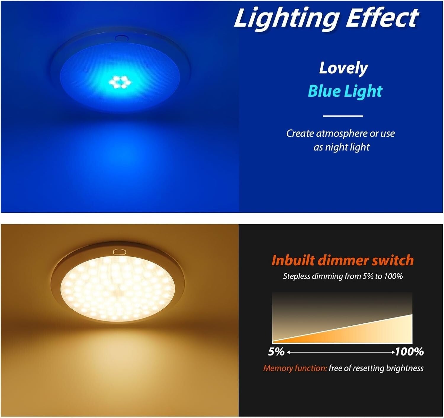 8.5'' Low Profile Ceiling Light with Dimmable Blue & White - Ideal for Boats