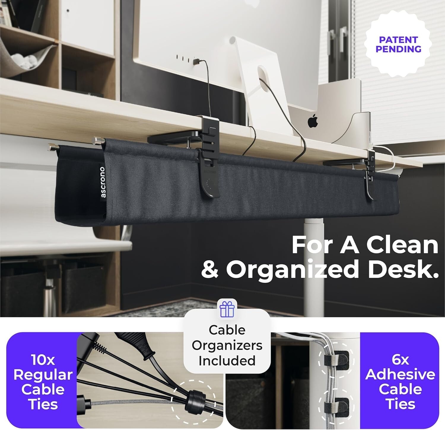 CableCare No-Drill Under Desk Cable Management Tray - Elegant Fabric Solution