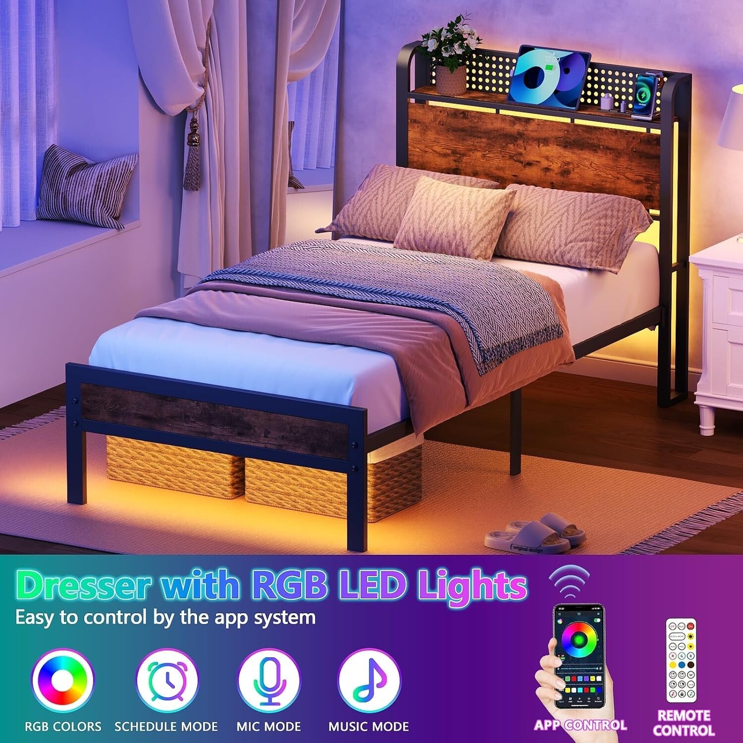 Functional Twin Bed Frame with LED Lights, Wood Headboard & Under-Bed Storage