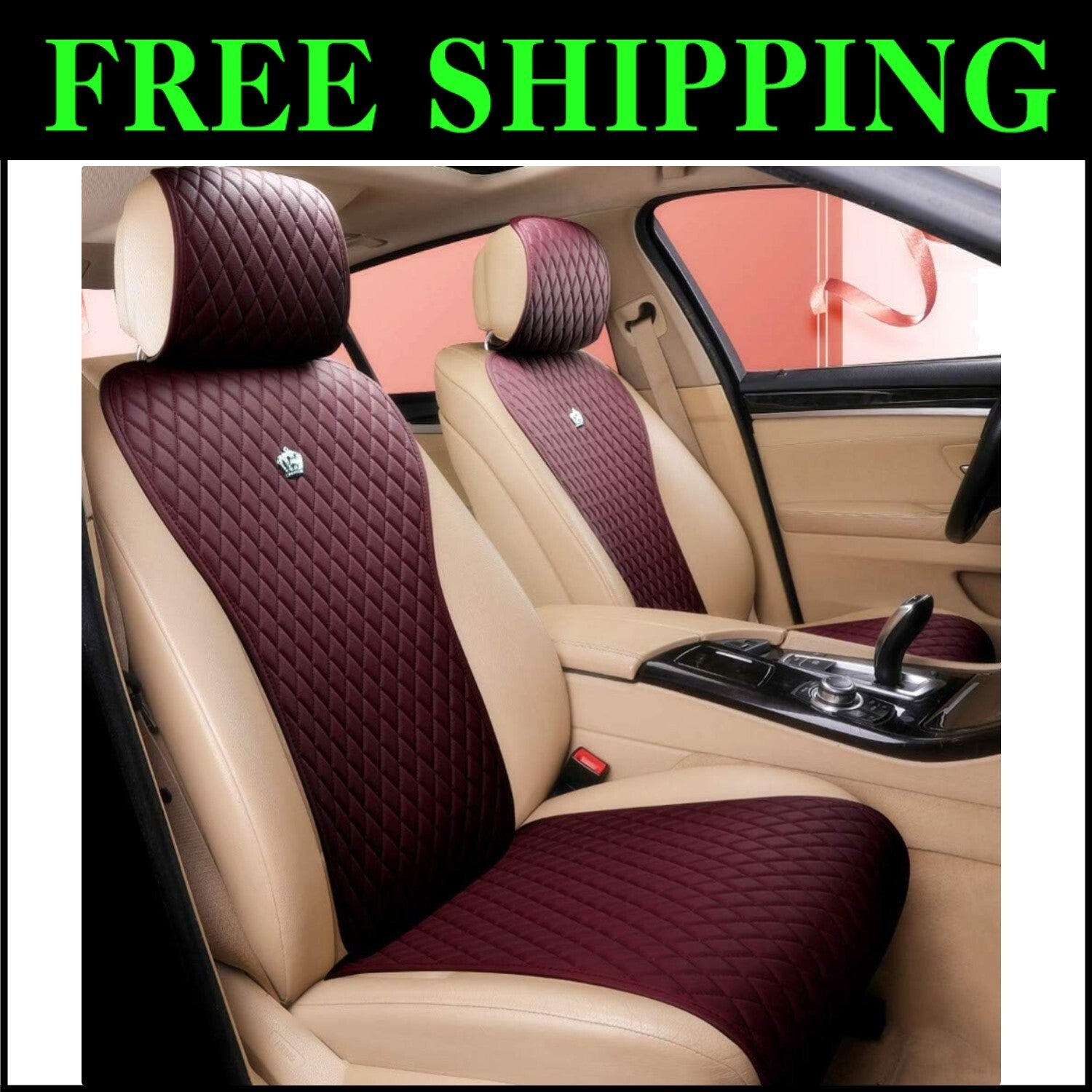 Luxury Leather 11PCS Car Seat Covers - Universal Fit Wine Red Crown Style