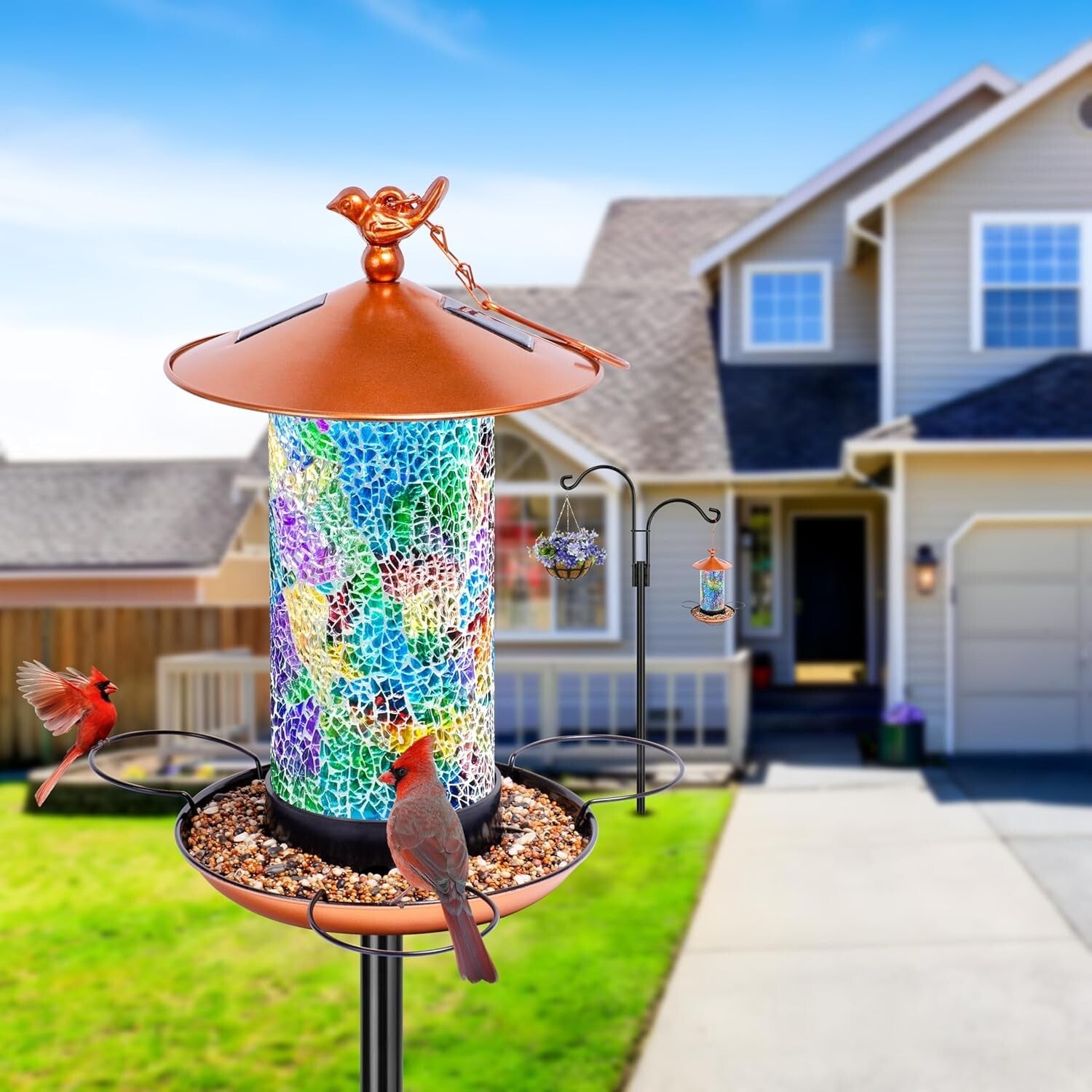 Durable Mosaic Bird Feeder with Solar Function & Height Adjustable Pole Stand