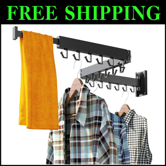 Versatile Wall-Mounted Clothes Hanger Rack with Collapsible Hooks - Black Finish