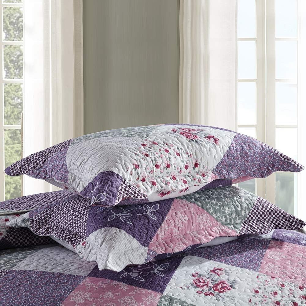 Soft Microfiber Queen Bedspread - Reversible Floral Patchwork Design, 3-Piece