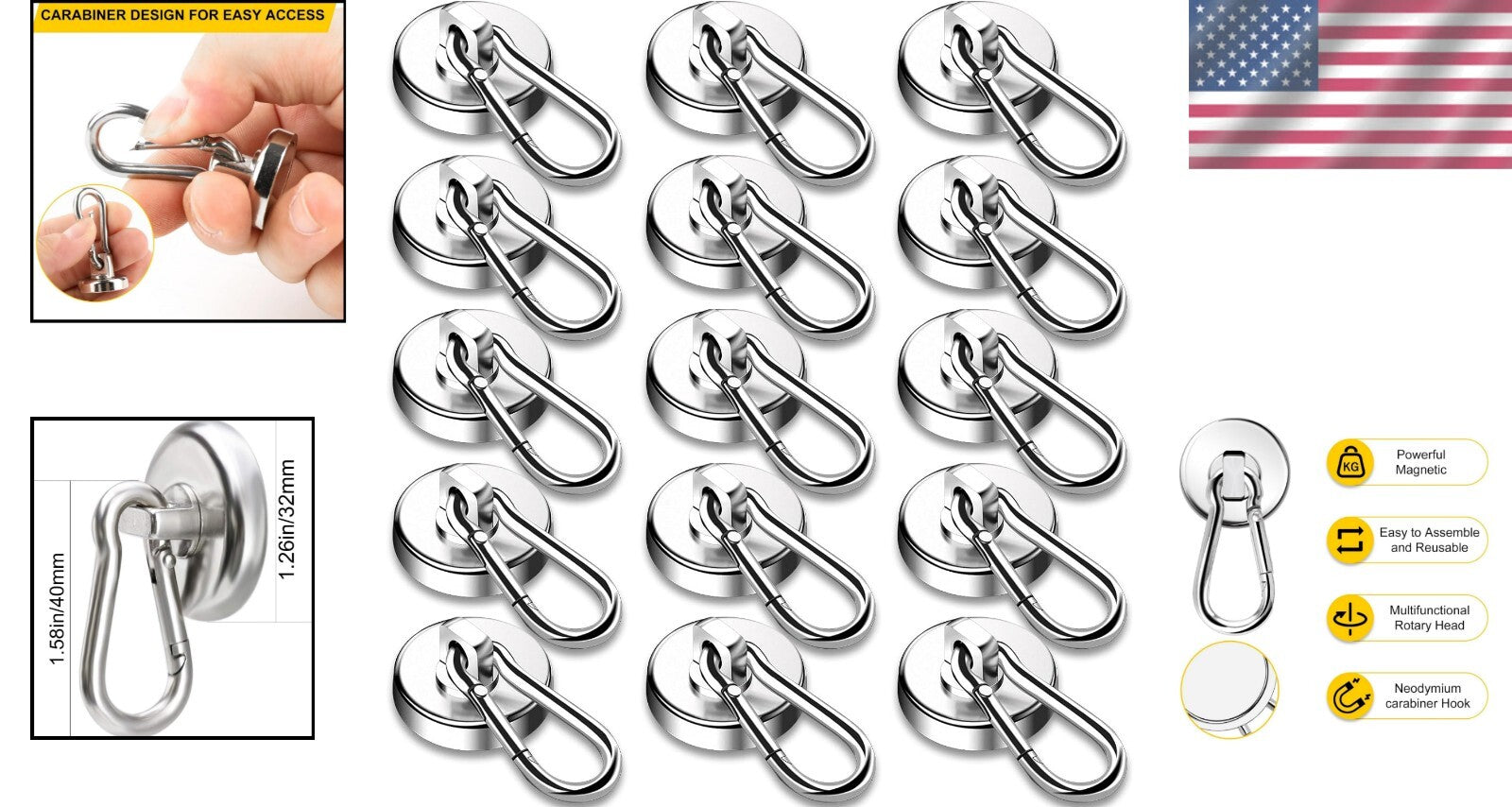 Durable 110lbs Magnetic Hooks with Swivel Carabiner - Perfect for Metal Surfaces