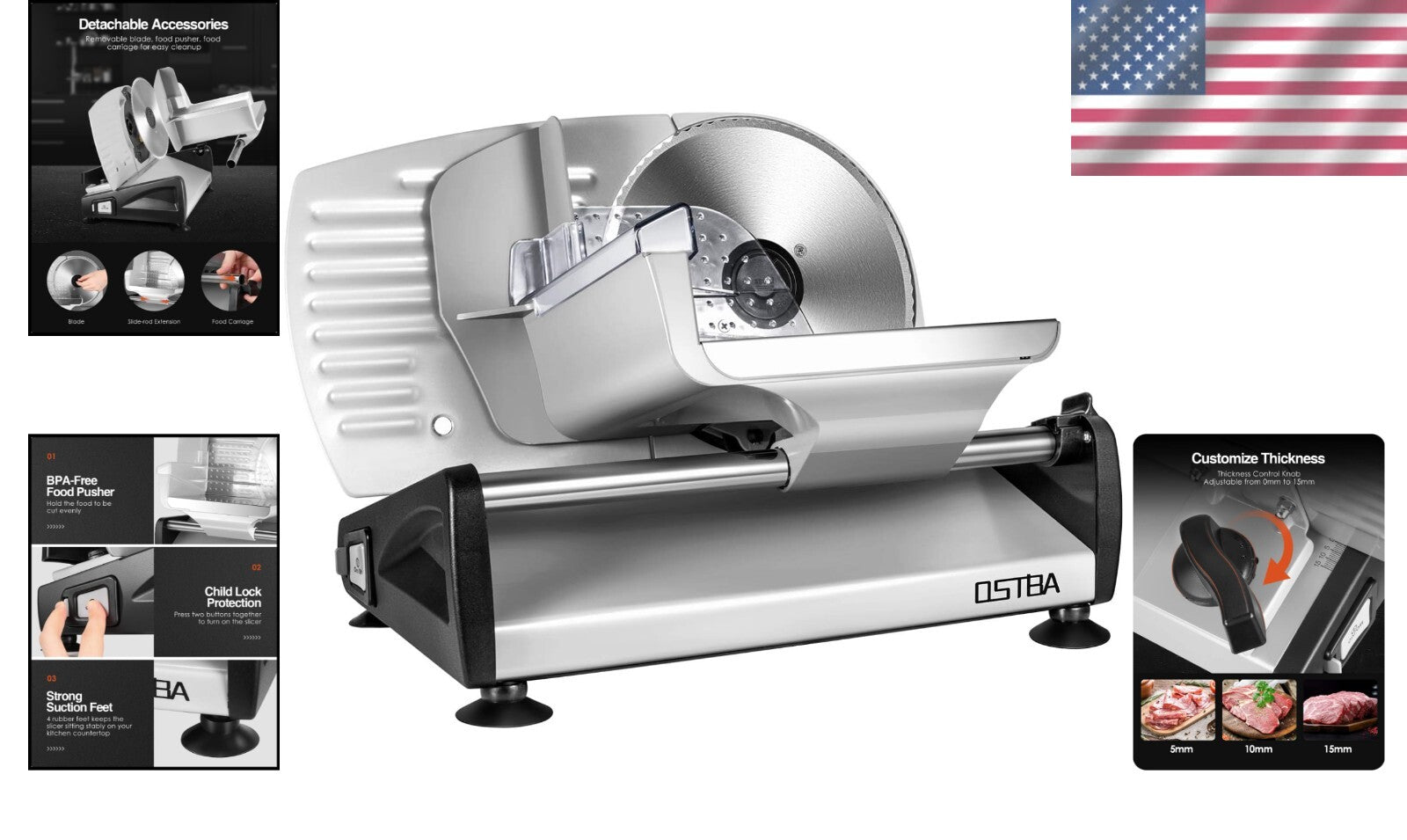 Electric Meat Slicer with Child Lock - Adjustable Thickness & Stainless Steel...