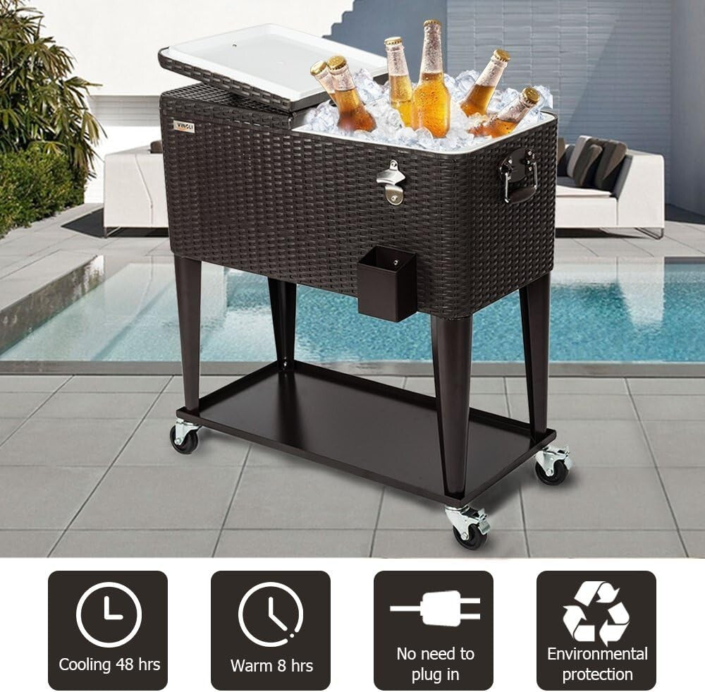 80 Quart Rolling Ice Chest Cooler Cart - Elegant Rattan Design for Patio Parties