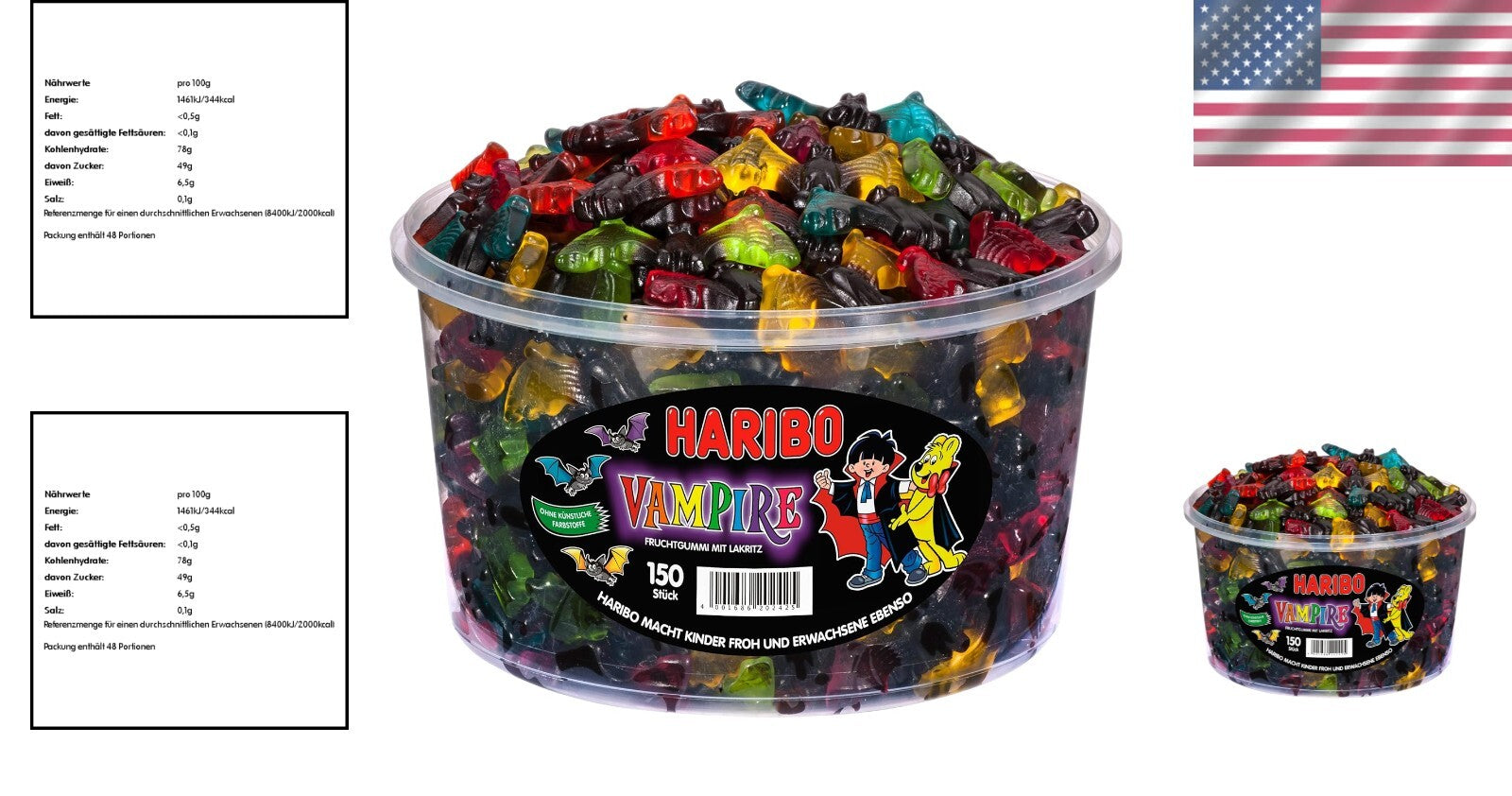 150-Count Gummy Vampires - Tasty Fruit, Licorice & Lemon Candy in Resealable Tub