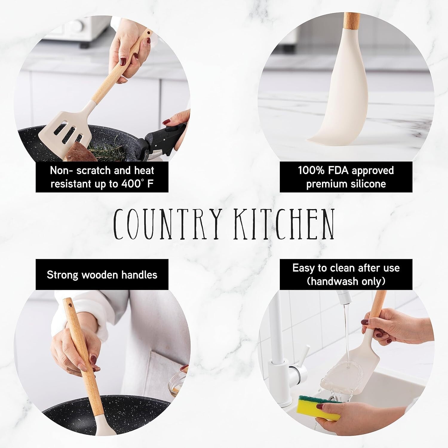 Elegant 14-Piece Silicone Utensil Set with Heat-Resistant Wooden Handles - Khaki