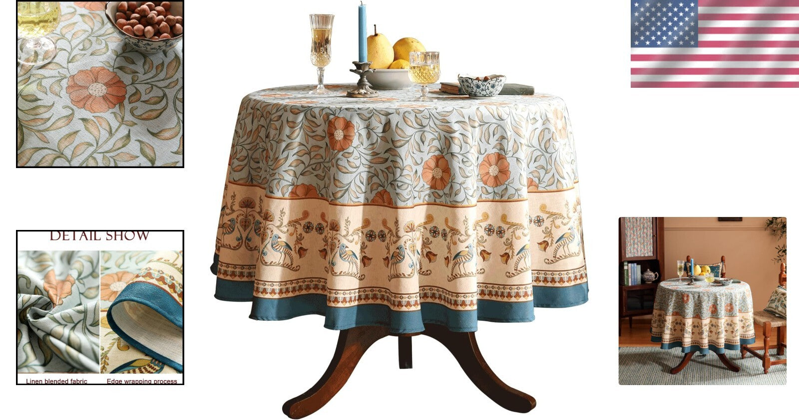 Elegant French Country Rustic Tablecloth - 67" Round with Pleated Corners