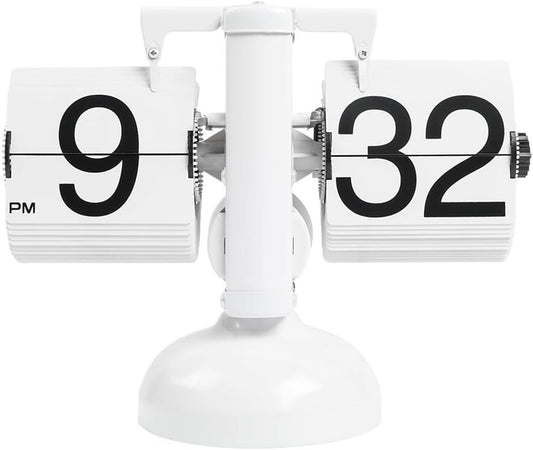 Elegant Flip Desk Clock in White - Battery Powered, Retro Design & AM/PM Display