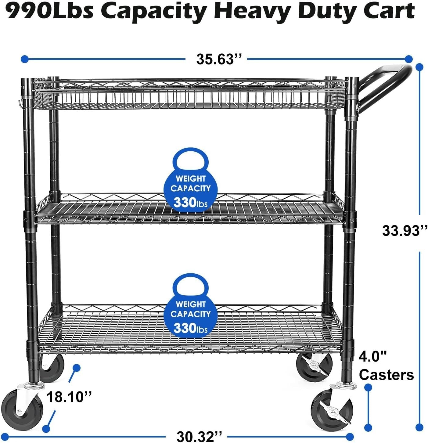 Versatile 990Lbs Capacity Metal Trolley with Silent Casters - Ideal for Kitchens