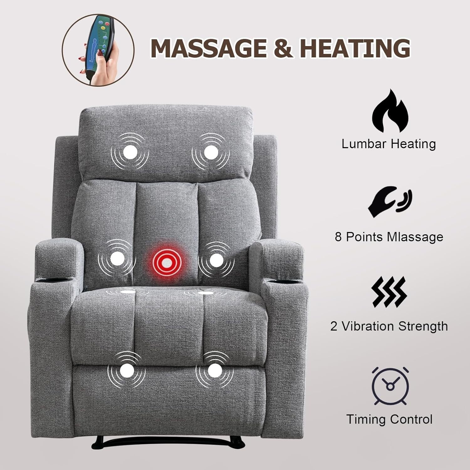 Ergonomic Manual Recliner with 8 Massage Motors & Storage - Modern Gray Style