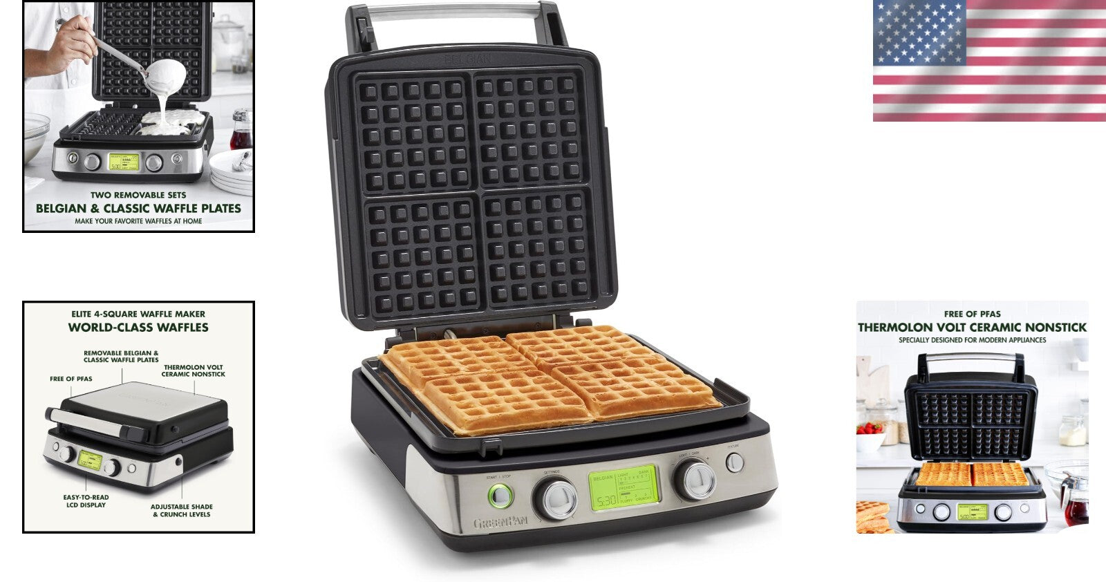 Elite Belgian & Classic Waffle Iron with Dishwasher Safe Plates - No Overflow