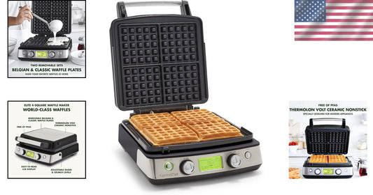 Elite Belgian & Classic Waffle Iron with Dishwasher Safe Plates - No Overflow