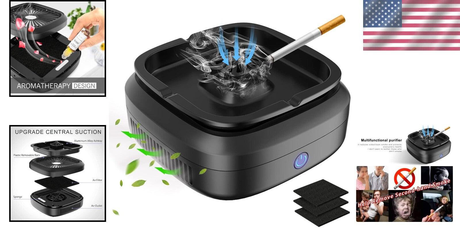 Classic Design Smokeless Ashtray with Advanced Smoke Filtration & USB Charging