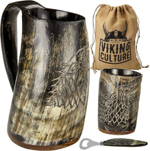 Load image into Gallery viewer, Authentic 16oz Ox Horn Mug Set: Vintage Viking Tankard with Shot Glass &amp; Opener
