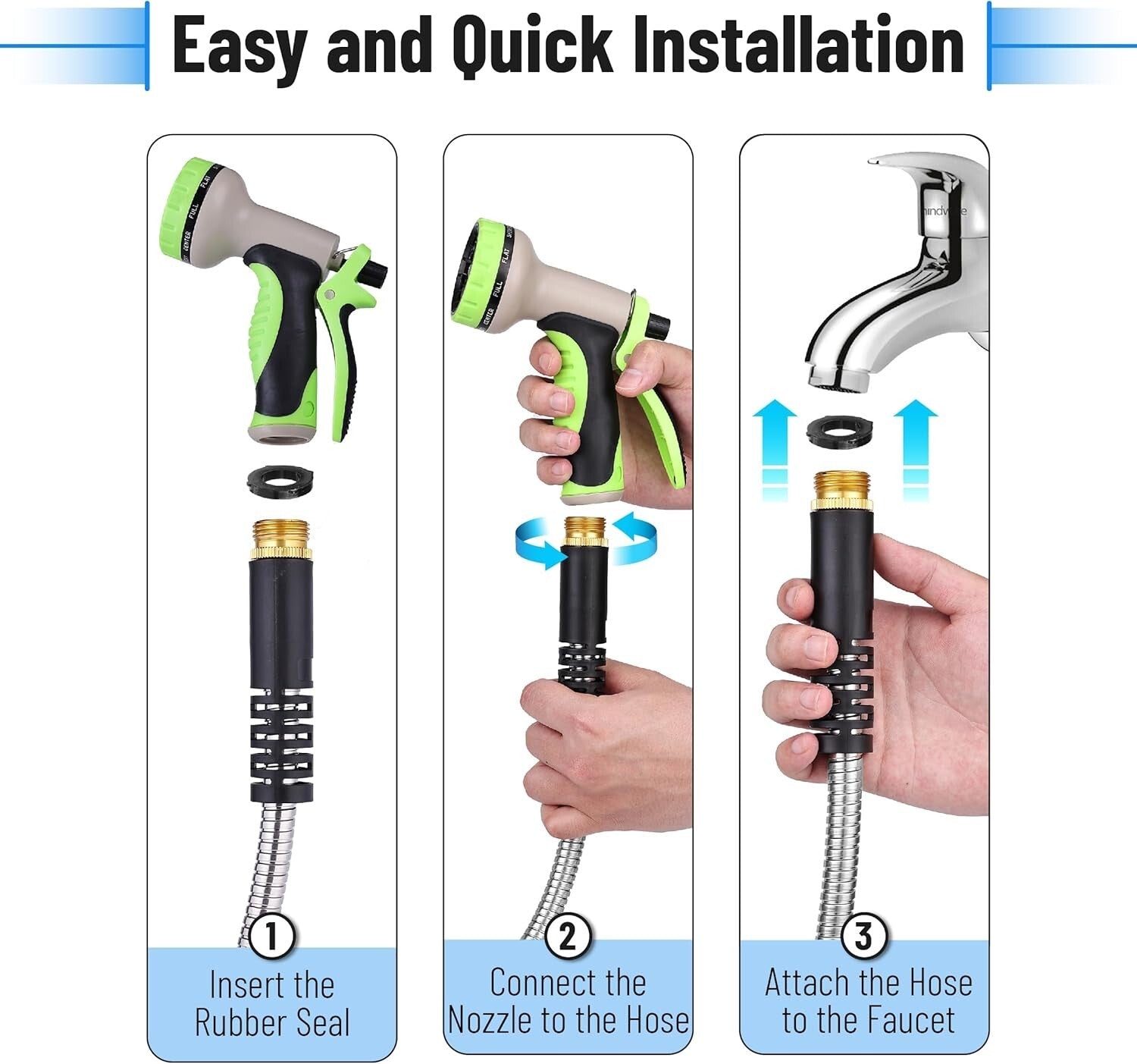 Durable 50-Ft Stainless Steel Garden Hose with Tangle-Free 10-Function Nozzle