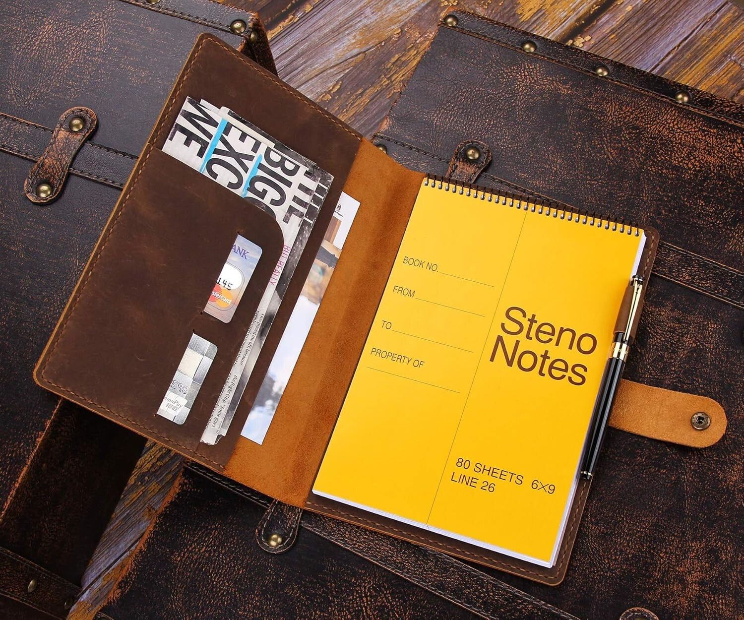 A5 Leather Organizer for Note-taking: 6"x9" Steno Notebook Cover with Slots