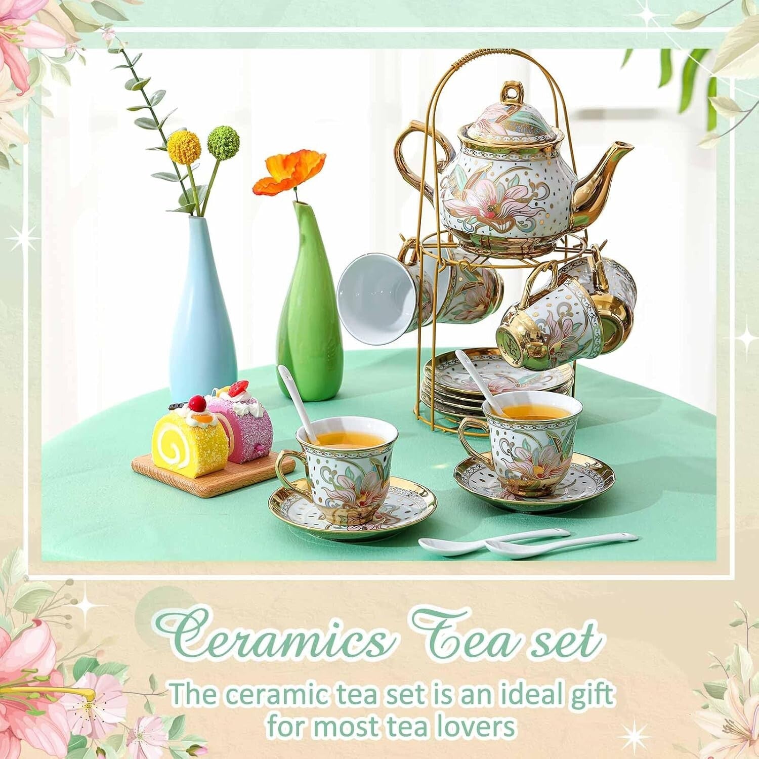 Exquisite Ceramic Tea Set - 20 Pcs with Gold Accents for Elegant Gatherings