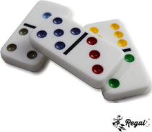 Load image into Gallery viewer, Double 12 Mexican Train Domino Set with 91 Colorful Tiles &amp; 4 Metal Trains