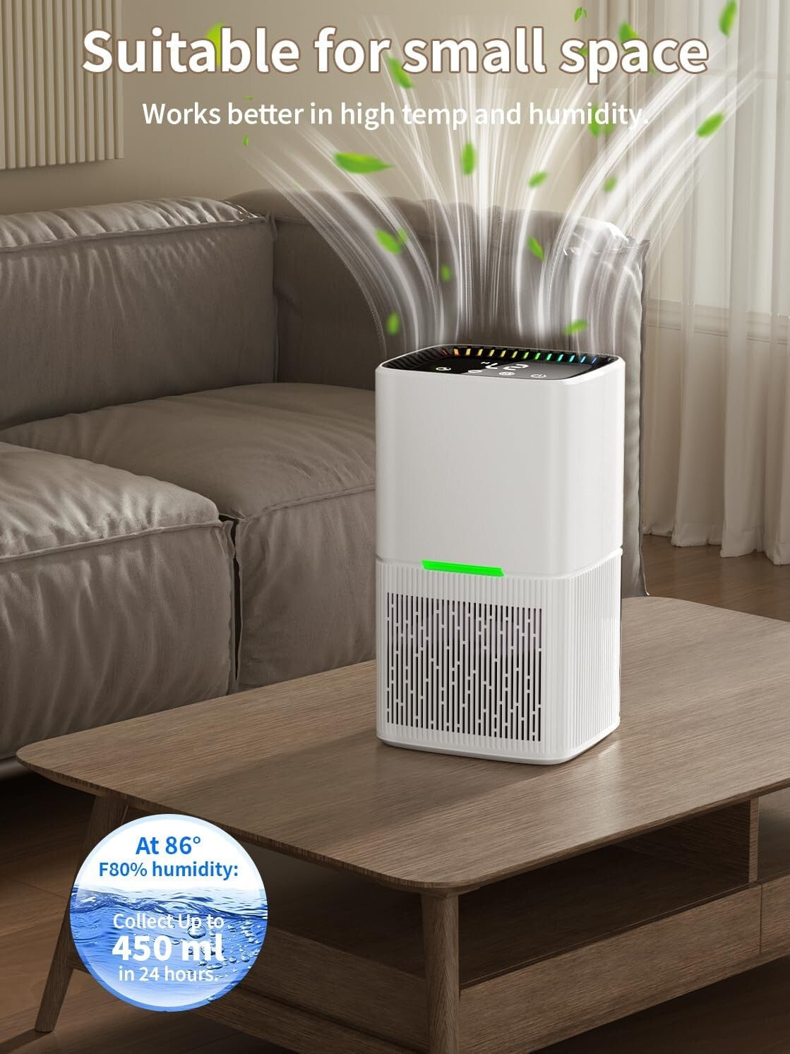 Efficient 500 sq.ft Dehumidifier with Automatic Shut-Off & Colorful LED Lights