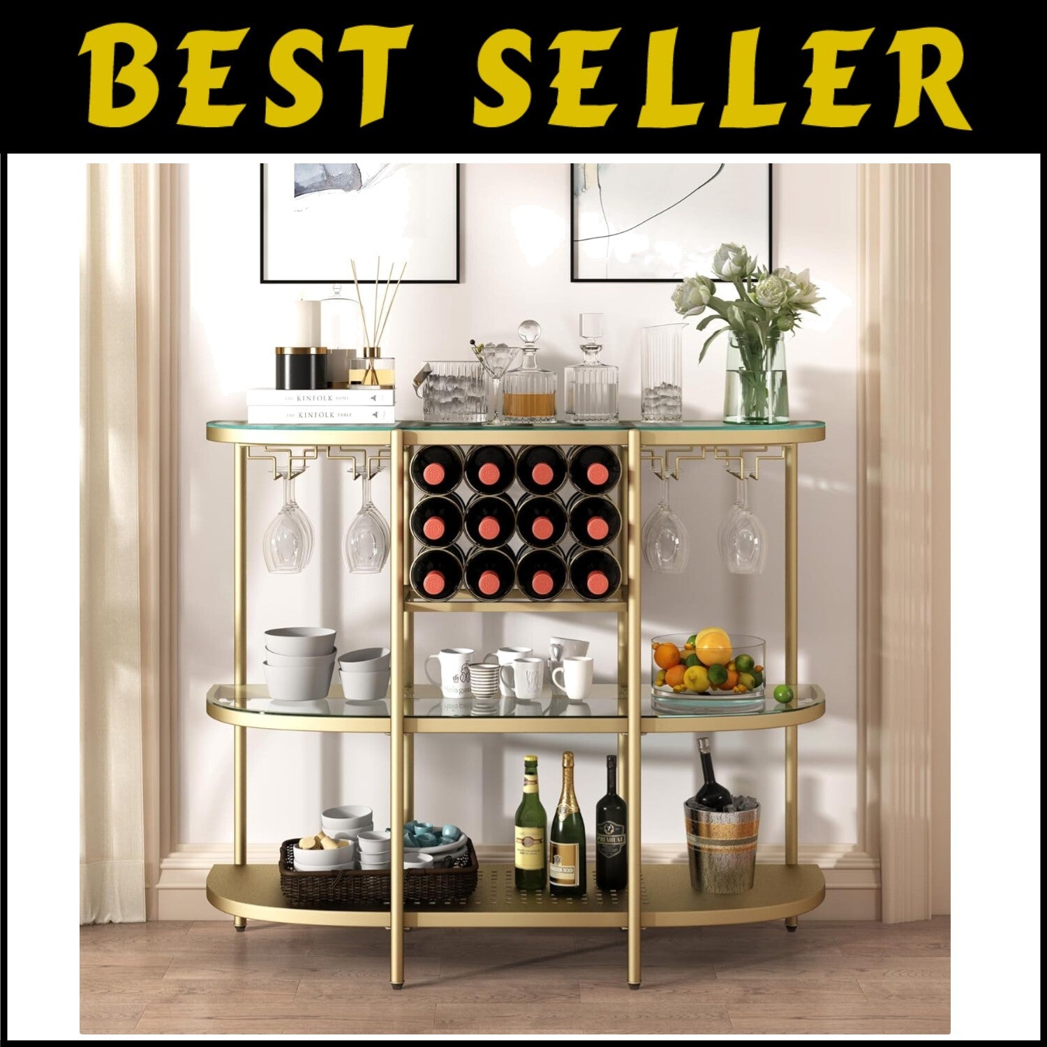 Compact Modern Gold Bar Table with 12-Bottle Wine Rack and Glass Holders