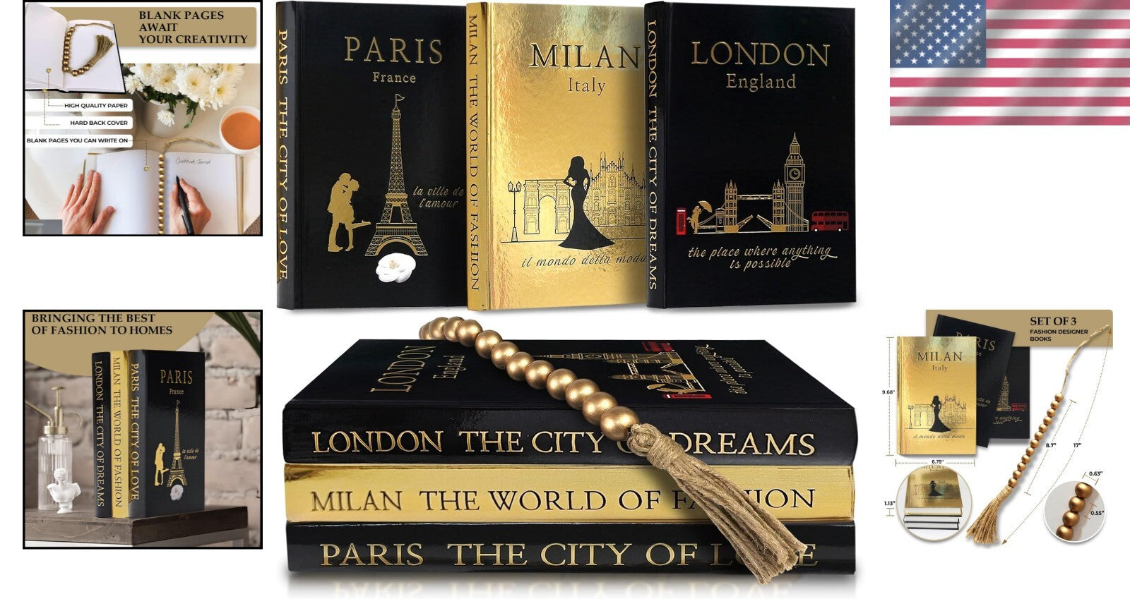 Stylish Decorative Book Set of 3 with Gold Accents - Perfect for Gift Giving