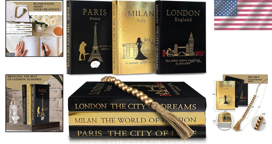 Stylish Decorative Book Set of 3 with Gold Accents - Perfect for Gift Giving