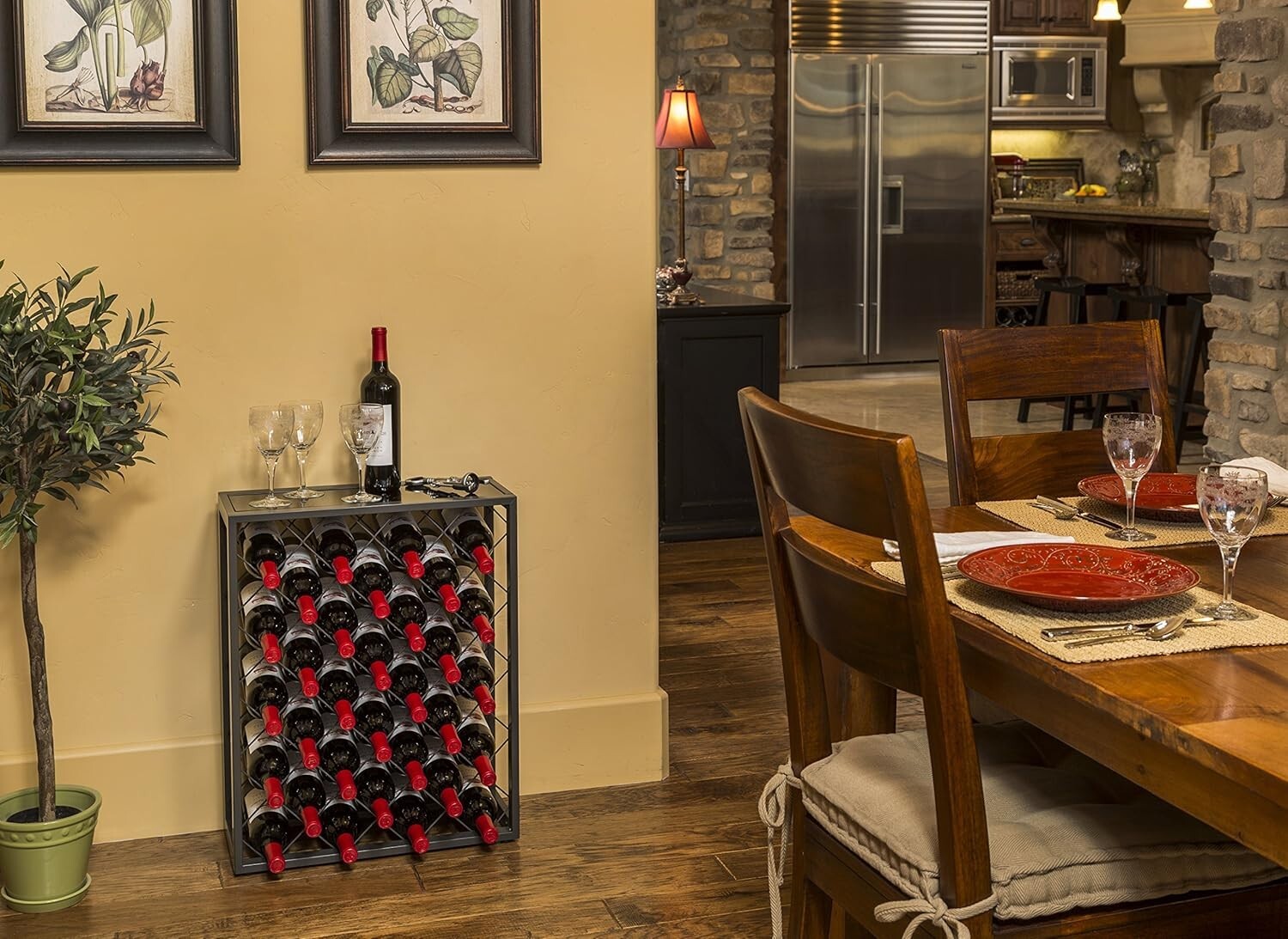 Modern Free-Standing Wine Rack with Tempered Glass Top - Holds 32 Bottles