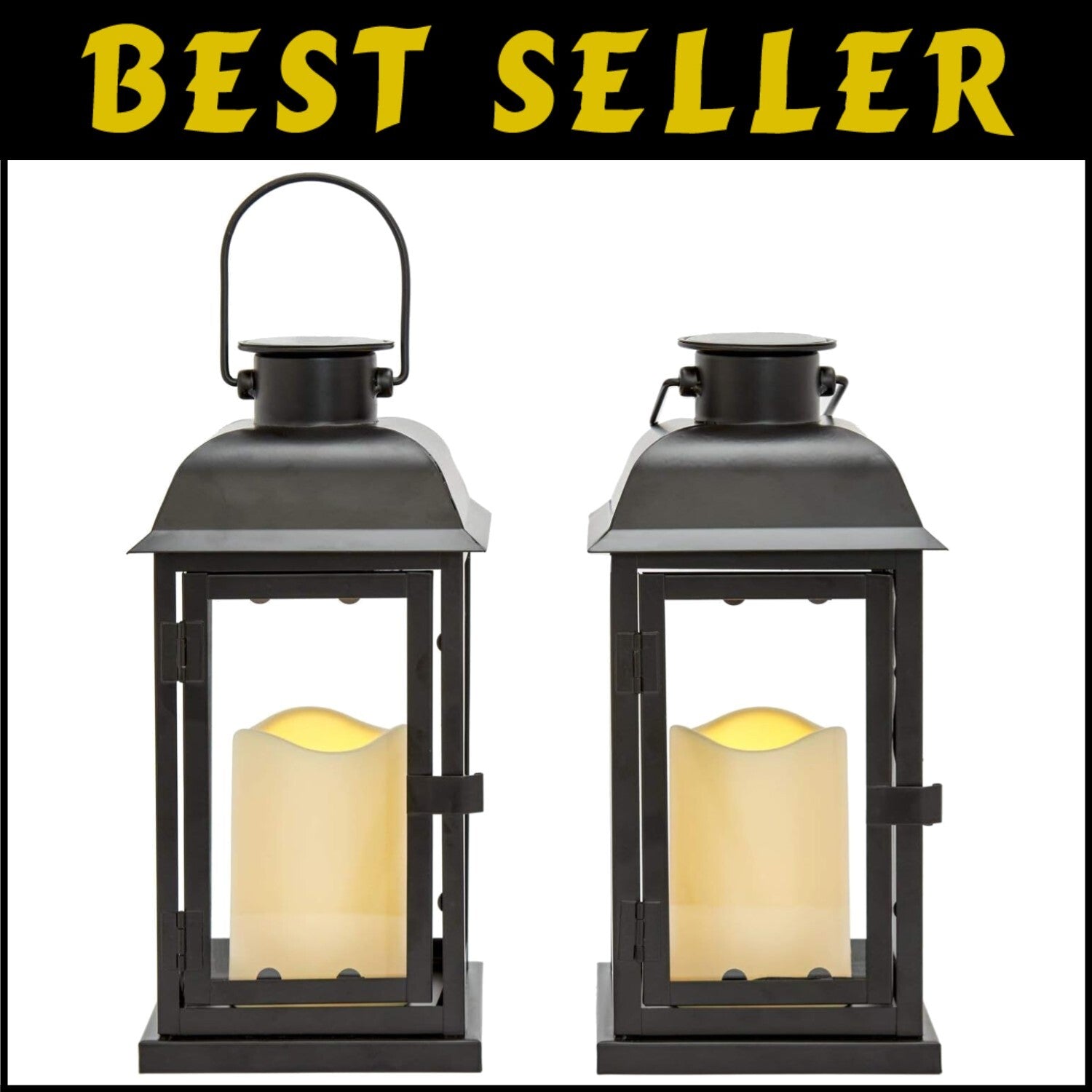Modern 11 Inch Tall Solar Lantern Set with Stylish Black Metal and Glass Design