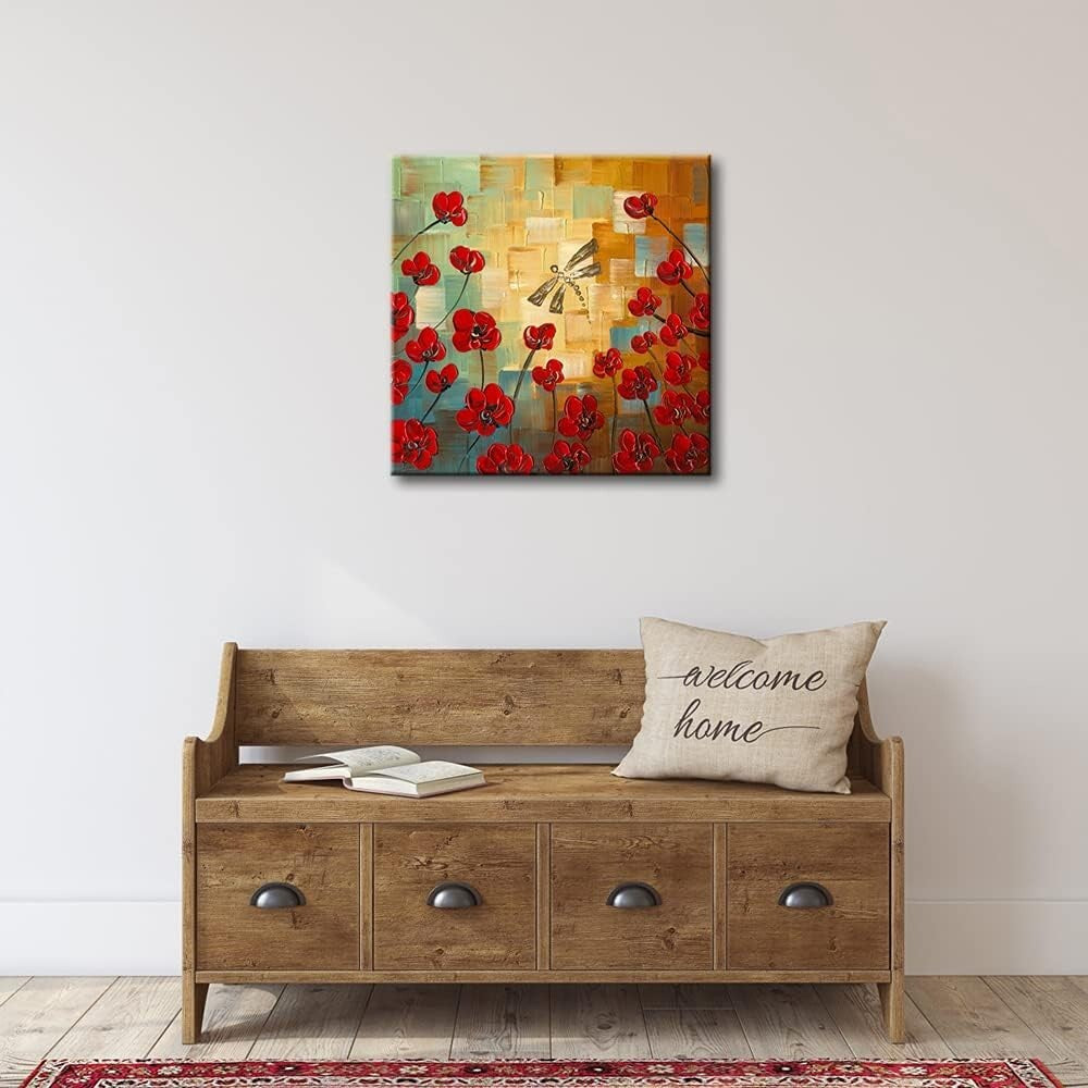 Gallery Wrapped 24x24 Dragonfly Floral Oil Painting - Ready to Hang Luxury Art