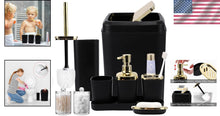 Load image into Gallery viewer, Modern Black and Gold Bathroom Accessory Set with Trash Can &amp; Toothbrush Holder