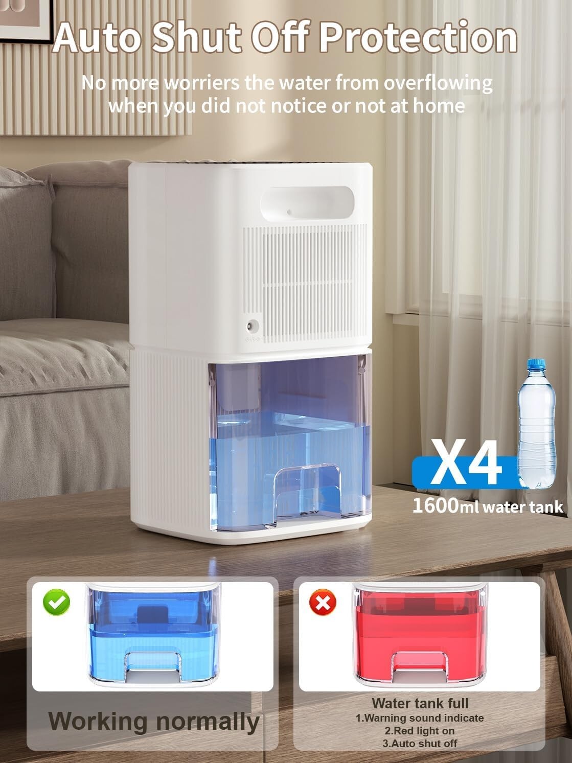 Efficient 500 sq.ft Dehumidifier with Automatic Shut-Off & Colorful LED Lights
