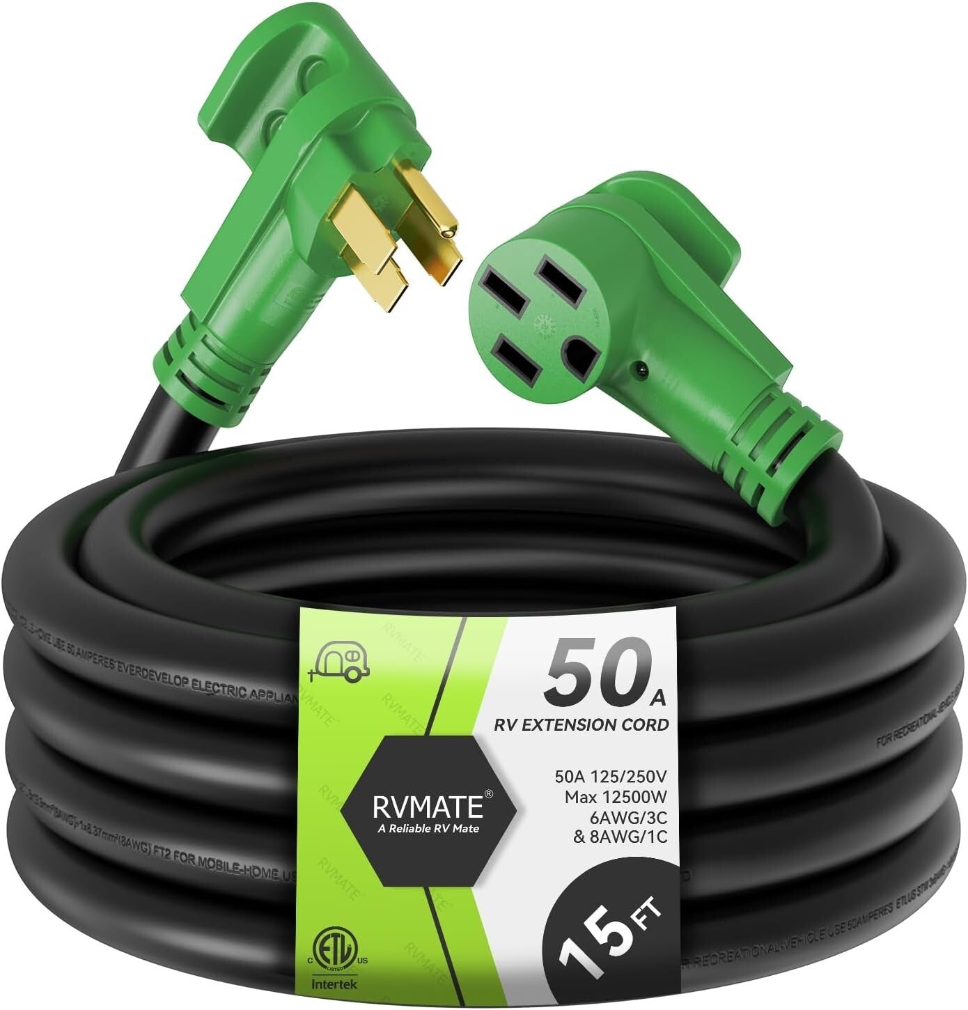 Flexible 50 Amp RV/EV Extension Cord with LED Power Indicator & Strap – 15 Ft