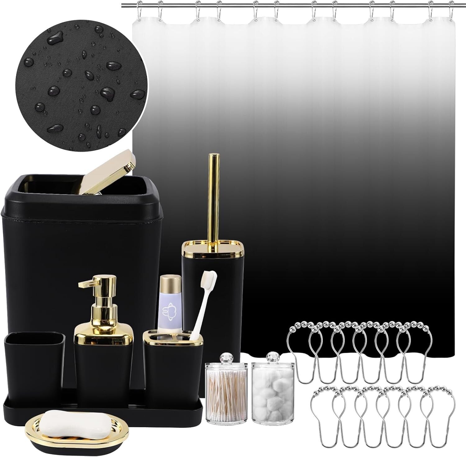 Elegant 22PC Bathroom Accessories Set in Black Ombre with Easy-Clean Features