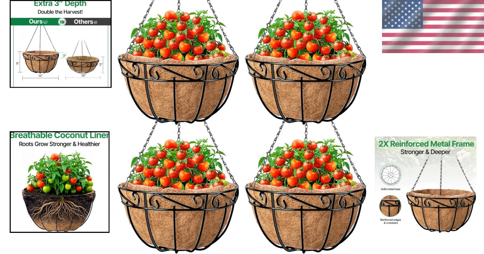 Durable 14 Inch Rustproof Metal Hanging Planters - Perfect for Home & Garden