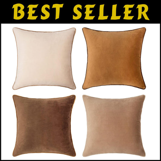 Contemporary Brown/Beige Velvet Cushion Covers - Set of 4 - All-Season Use