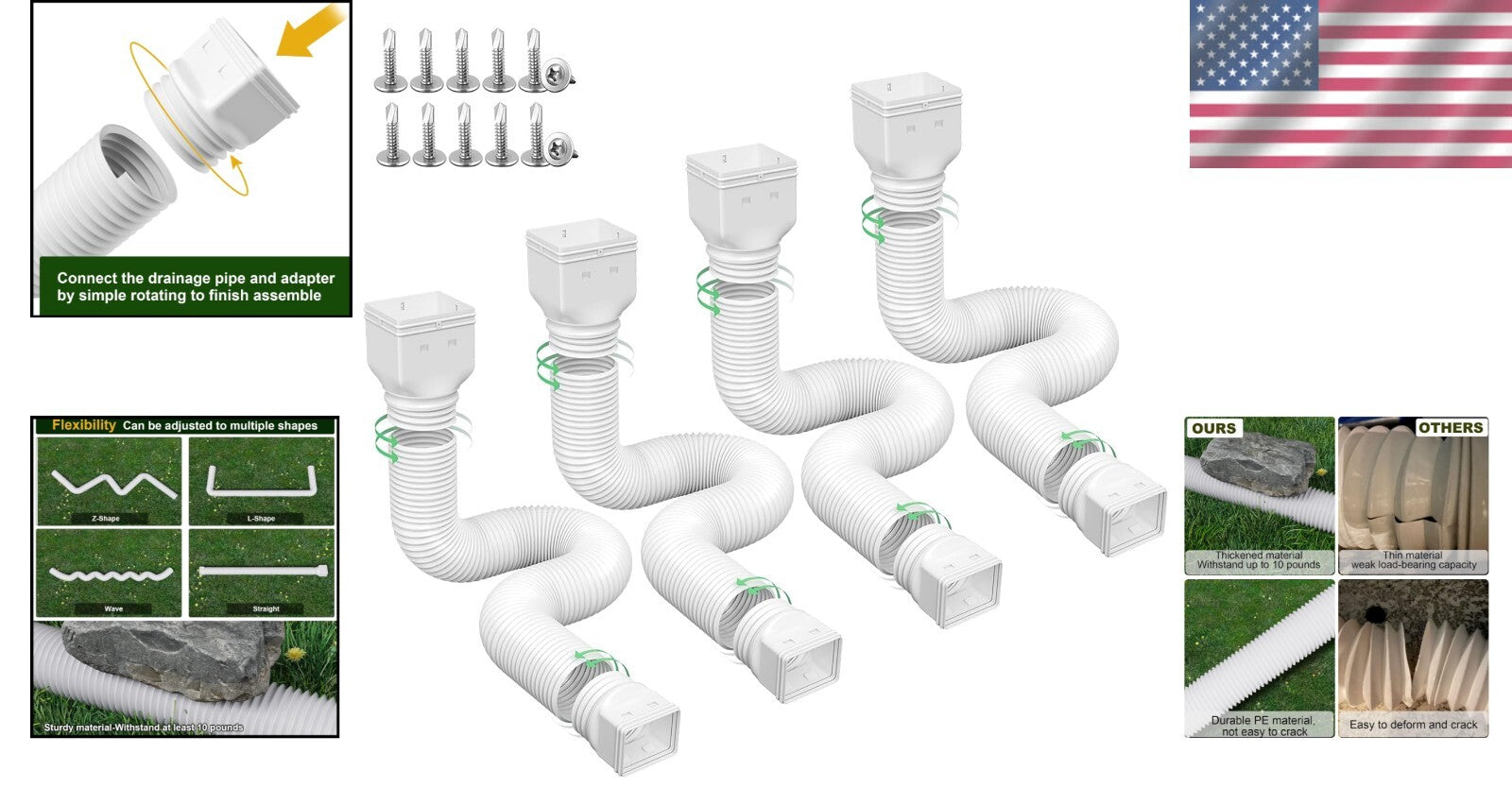 Durable Downspout Drain Pipe Extensions with Adapters - 21-66 Inches Adjustable