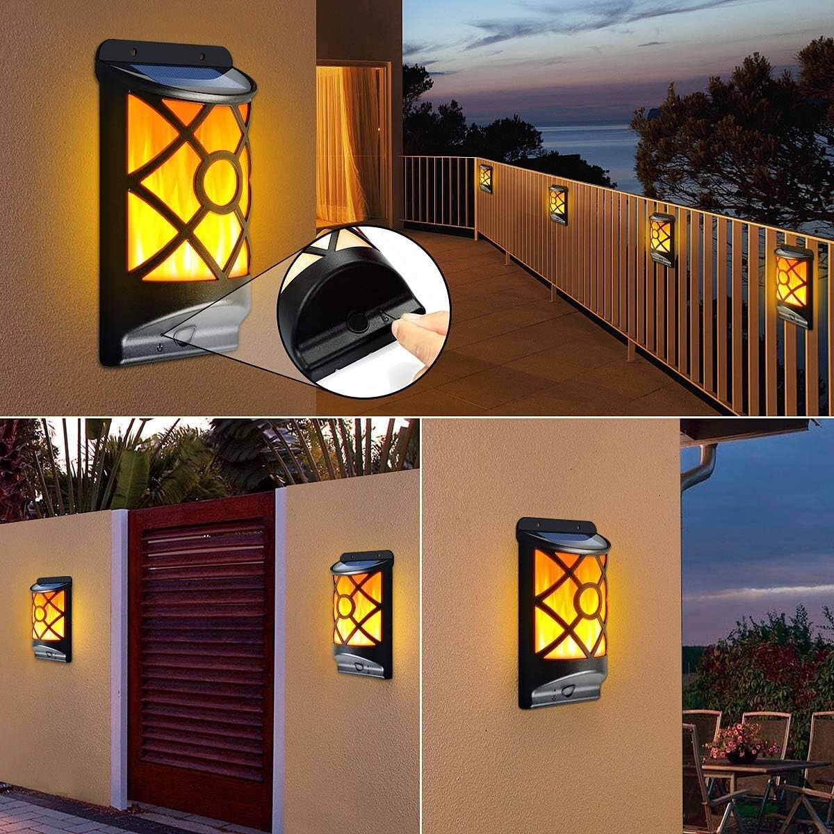 Realistic 3D Flickering Solar Flame Lights - 66 LEDs Outdoor Wall Lanterns