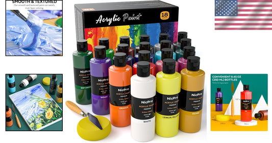 Premium 18-Color Acrylic Paint Bundle - 8.45 Fl Oz Bottles for All Surfaces