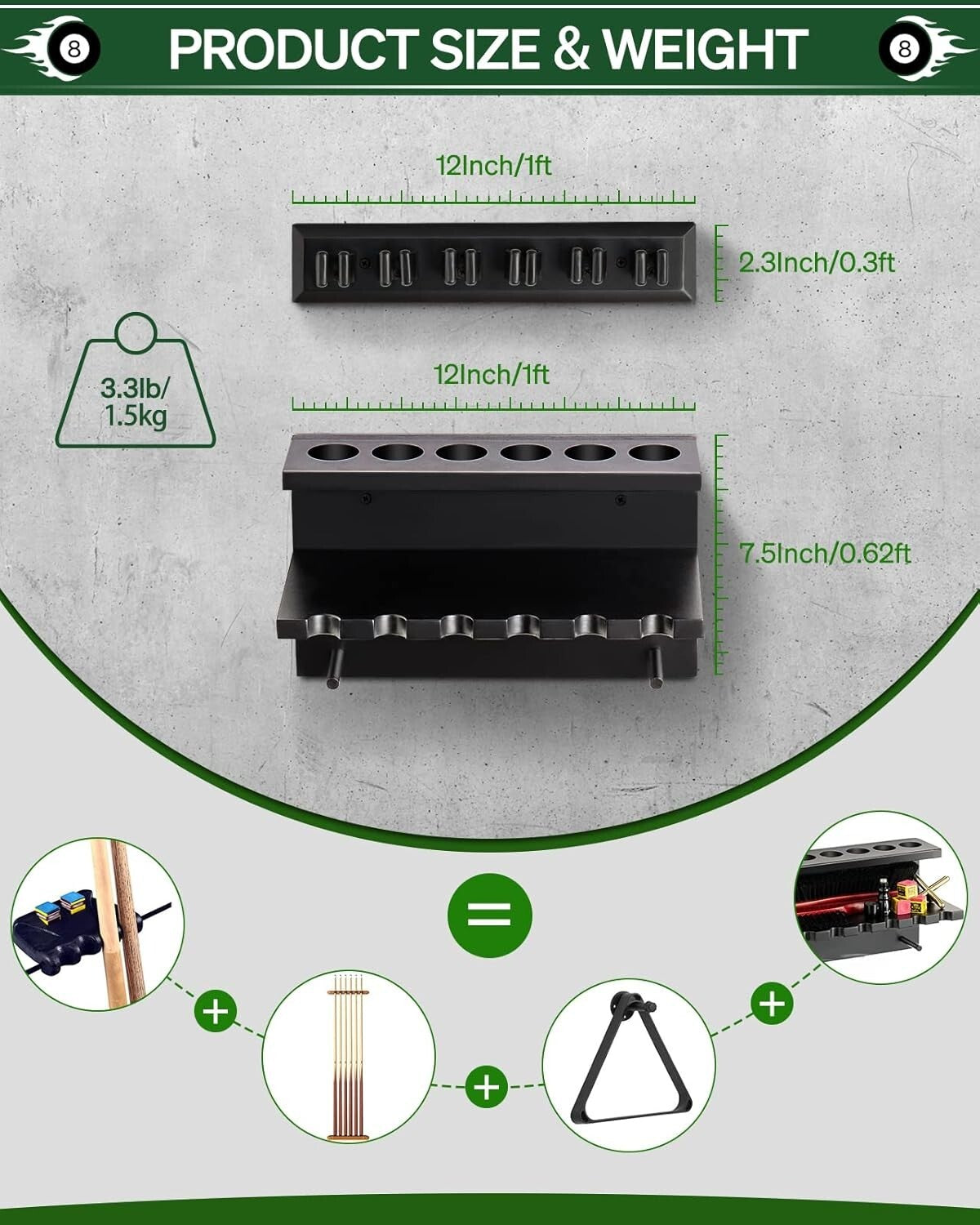 Classic Oak Pool Cue Storage Rack - Holds 6 Cues & Billiard Accessories