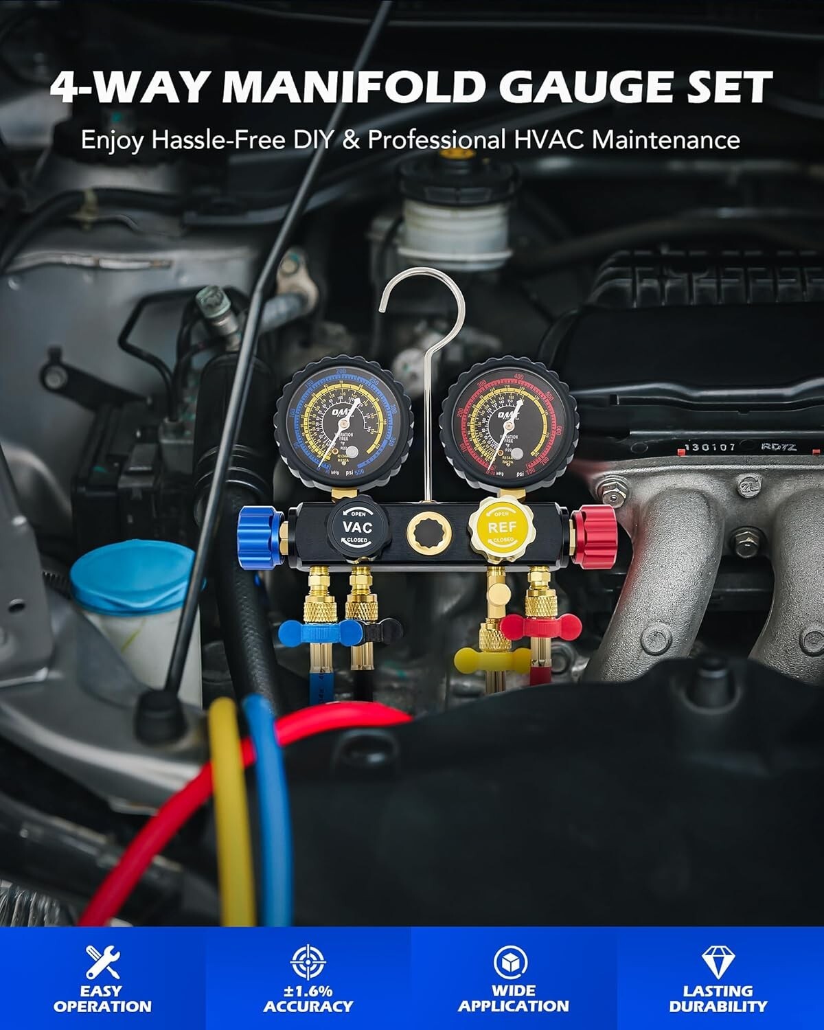 Professional AC Gauge Set: Color-Coded Hoses, Quick Couplers, Moisture Indicator