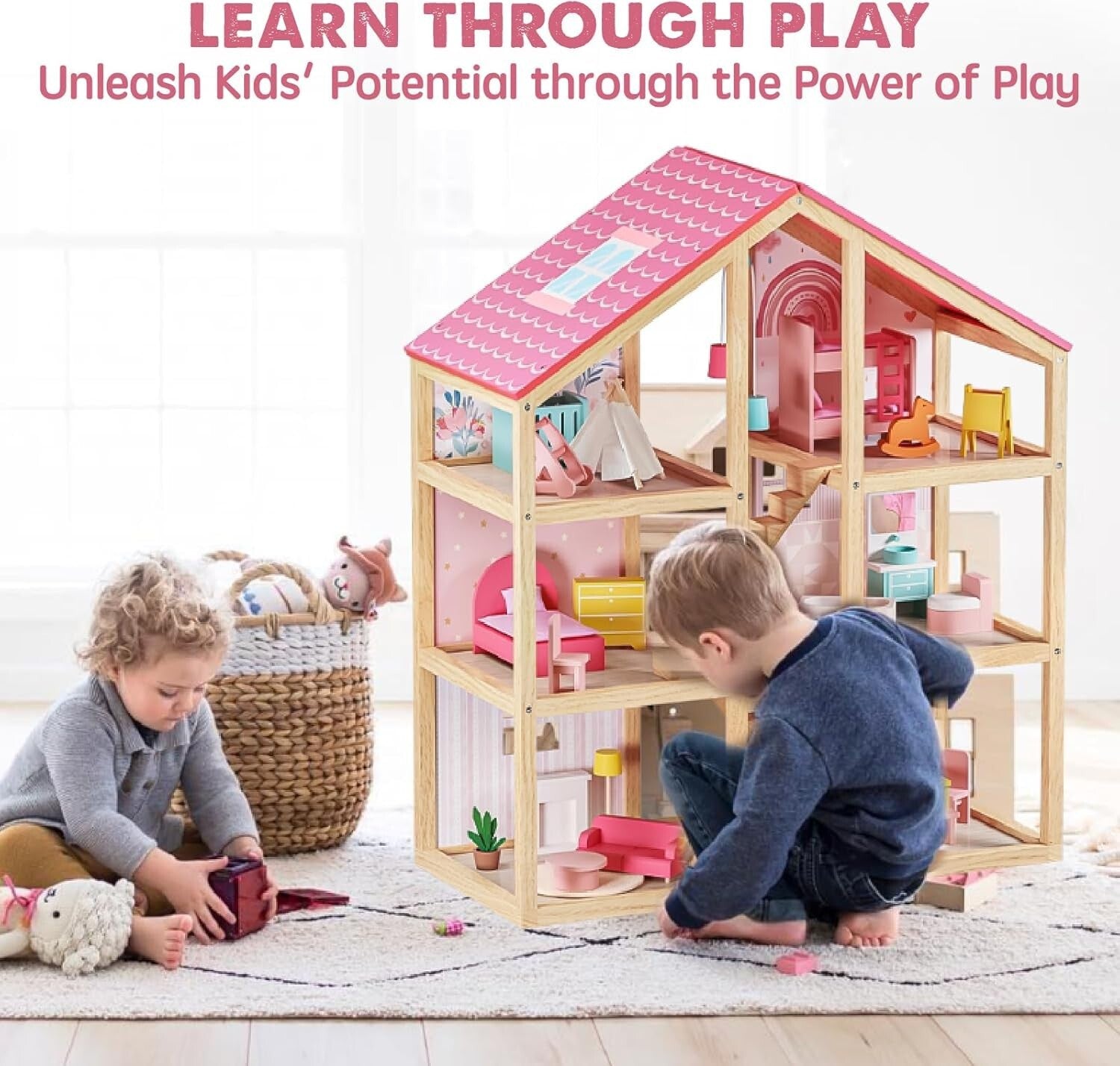 Durable 3-Story Wooden Dollhouse with Modern Furniture for Imaginative Girls