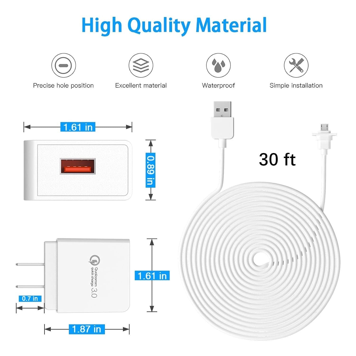 EufyCam 2C/Pro Charging Cable - Outdoor Extra Long 30ft Power Cord with Adapter