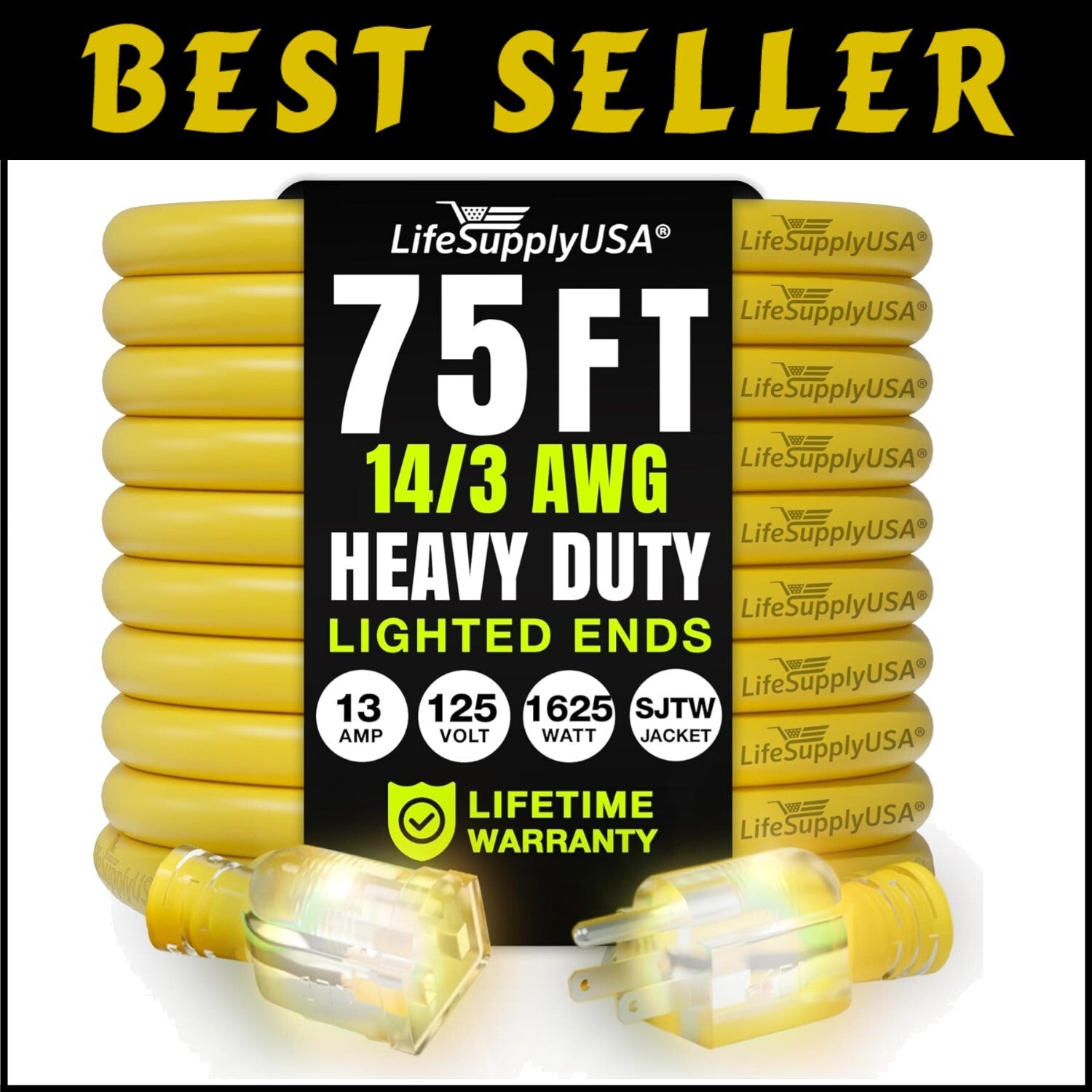 15 Amp 75ft Yellow Extension Cable - Heavy Duty, Waterproof, for All Power Needs