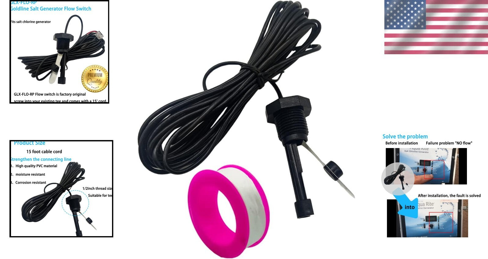 Durable Salt Cell Flow Sensor with 15 ft Cable - Easy Install for Pool Systems