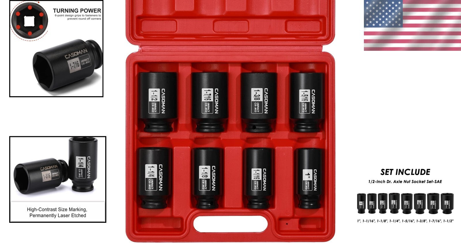 Durable 1/2-Inch Drive Deep Impact Socket Set - 8 Pieces with Storage Case