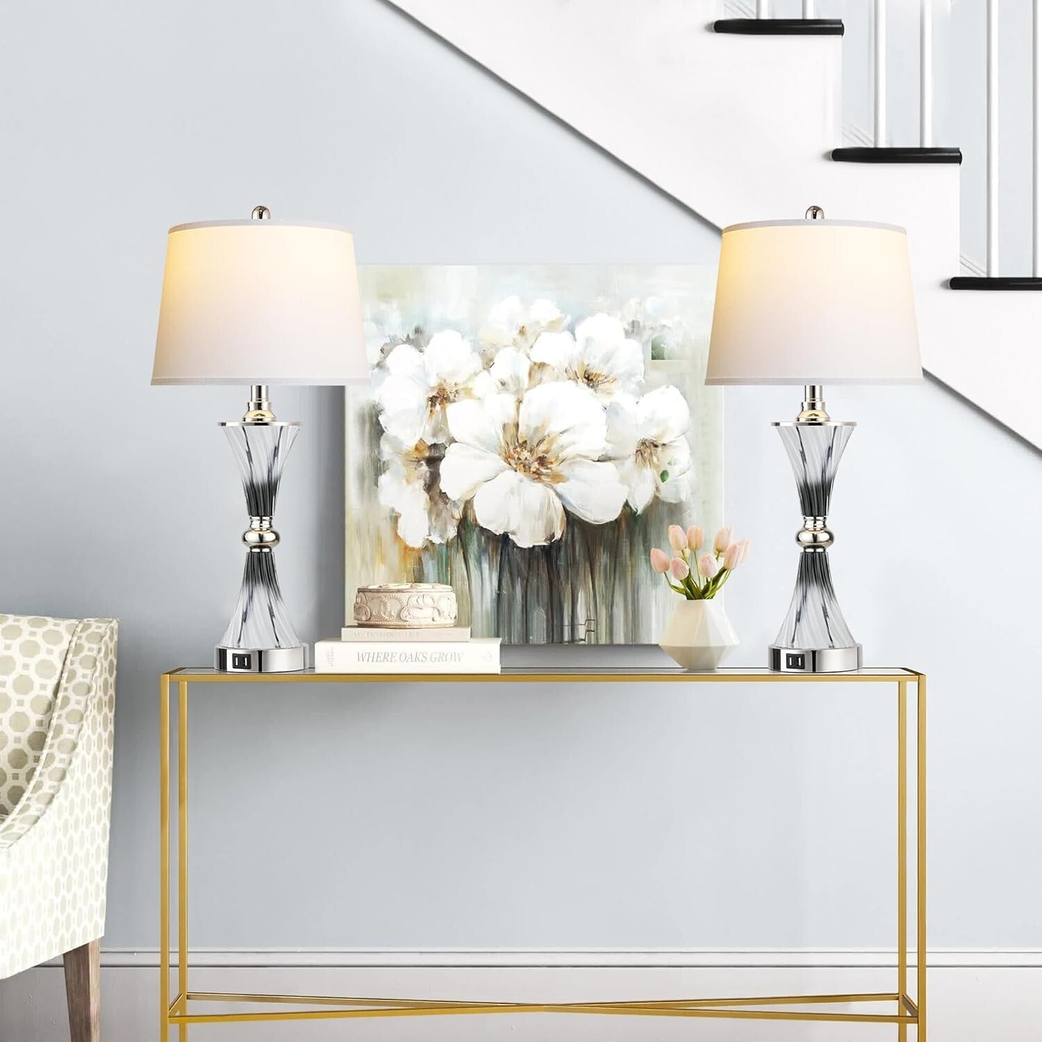 Elegant 3-Way Dimmable Touch Glass Lamps Set of 2 with USB Ports - Dark Grey