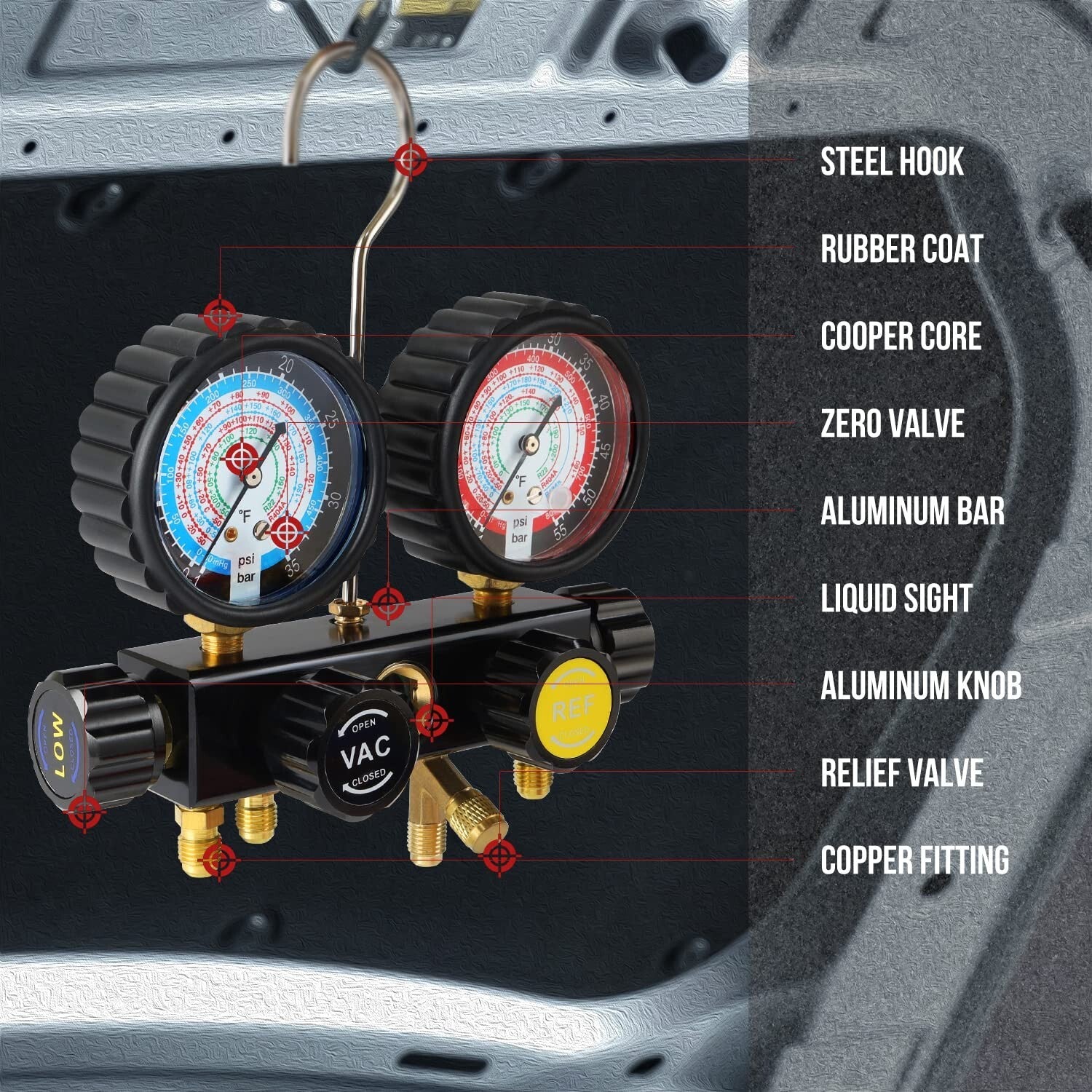 4-Way HVAC Diagnostic Gauge Set with Adjustable Couplers - 0-800 PSI Range