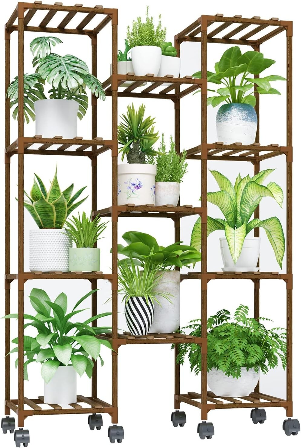 Carbonized Wood Plant Stand with Wheels - Holds 11-25 Pots for Versatile Display
